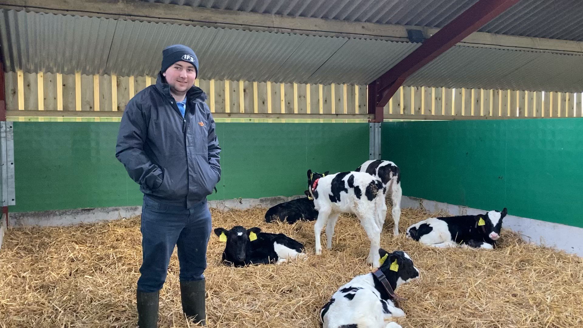 Aidan McManus inside his new calf shed