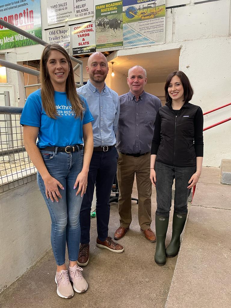 L-R: Kate Canniffe; Eoghan O'Sullivan, fundraising manager, Breakthrough; Seán Dennehy, Bandon Mart manager; Patricia Flynn, glioblastoma researcher. Image source: etc.