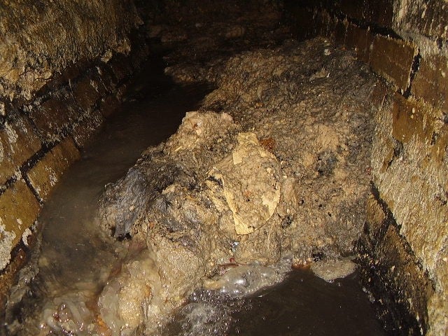 A fatberg formed in a sewer in Dublin comprising wet wipes and FOGs. Image source: Irish Water