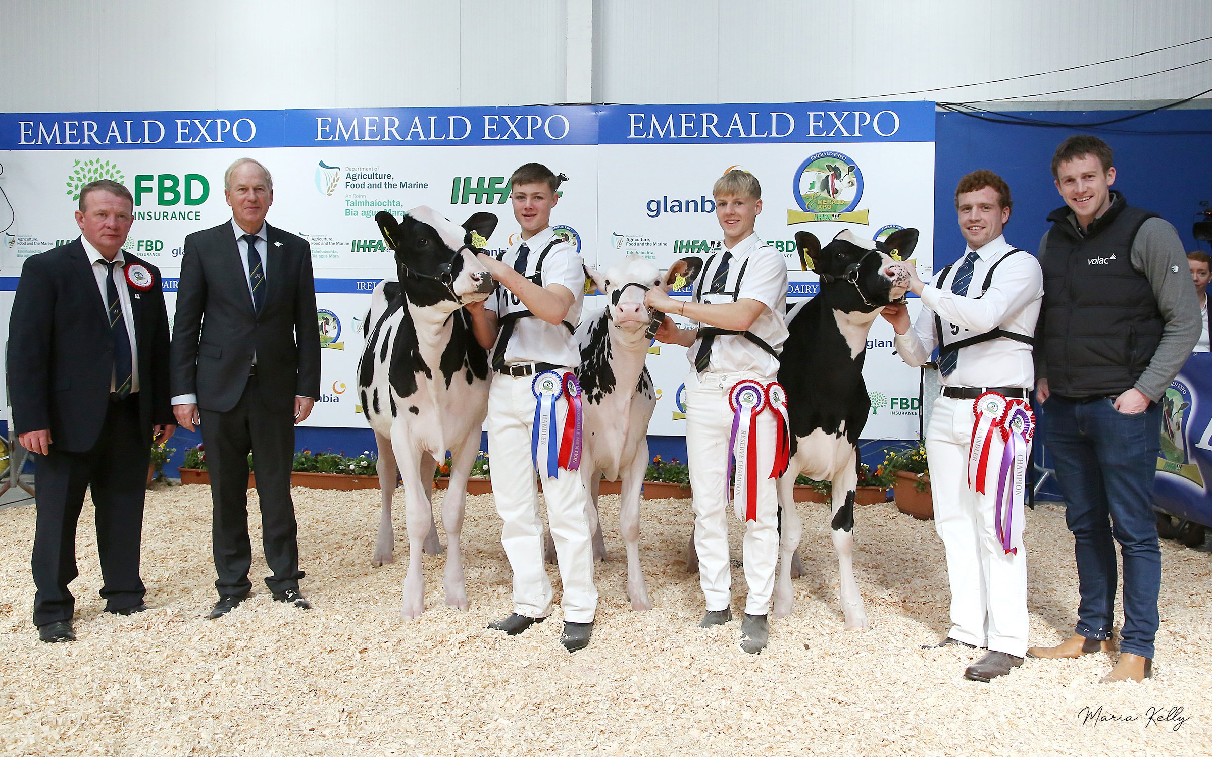 Handler Championship; Paul Hannan Judge with Honourable Mention Handler, Will Jones, Wexford, Reserve Champion Handler, Brian Hurley, Wicklow, Champion Handler,  Colin Todd, Monaghan, pictured with Tomas Reilly, Volac, sponsor. Photo: Maria Kelly