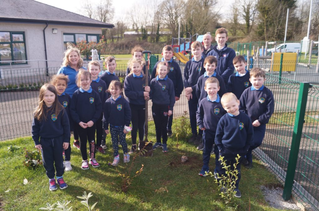 Students from Knockconan National School with Luke McDermott, sustainability officer with ABP Clones