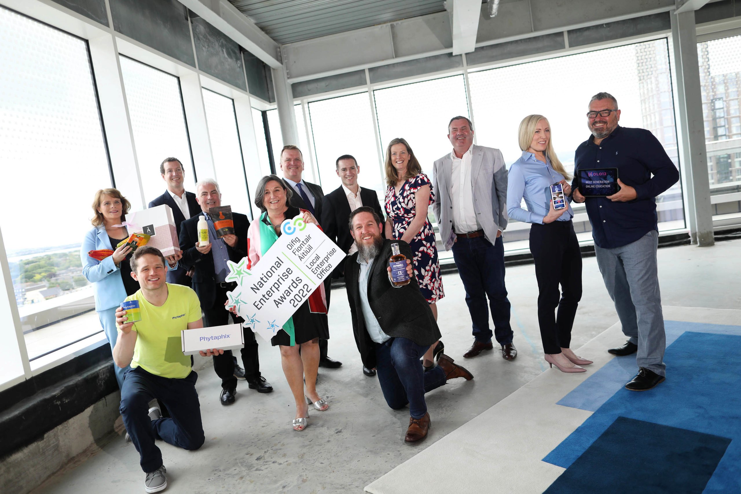 Reaching the final: (l-r)  Ann Rudden, founder of Áines Chocolates - Cavan;  Dr. Conor Kerley, founder of Phytafix - Louth;  Dan O'Brien, CEO of Farmony - Fingal;  John Brennan, CEO of Blakes Always Organic - Leitrim;  Joan Nagle, director of Connemara Carpets - Galway;  Oisín Geoghegan, Local Enterprise Office Fingal;  Jason Frehill, director of services, South Dublin County Council;  Tom Draths, O’Connell Whiskey -Waterford;  Carol Gibbons, Enterprise Ireland;  John Nagle, director of Connemara Carpets, Galway; Siobhan Leonard, co-founder of Acorn Star - Kildare; Cathal Leonard, co-founder of Acornstar, Kildare. Image: Julien Behal Photography.