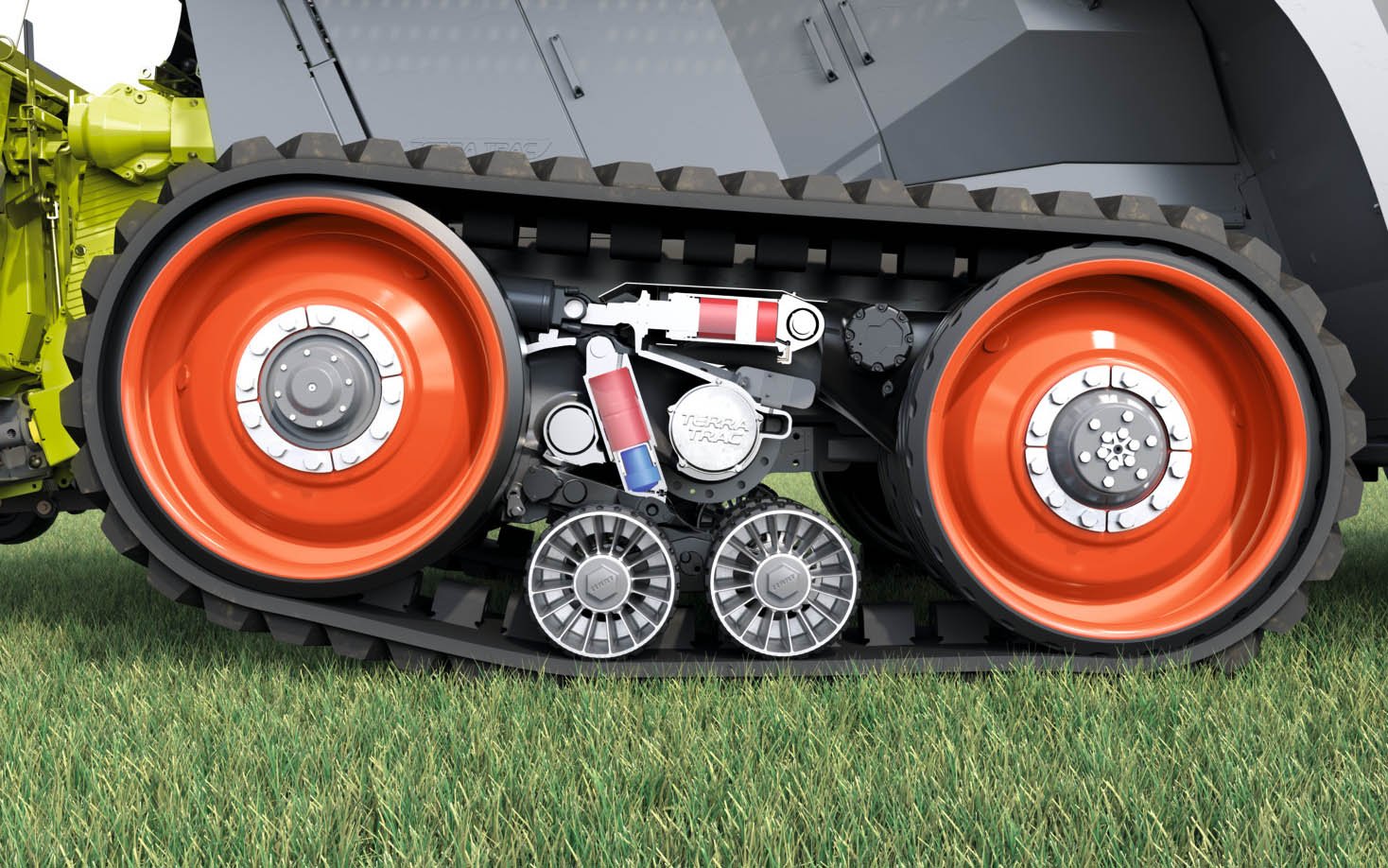 The front idler can lift when turning to reduce scuffing of the grass on Jaguar harvesters