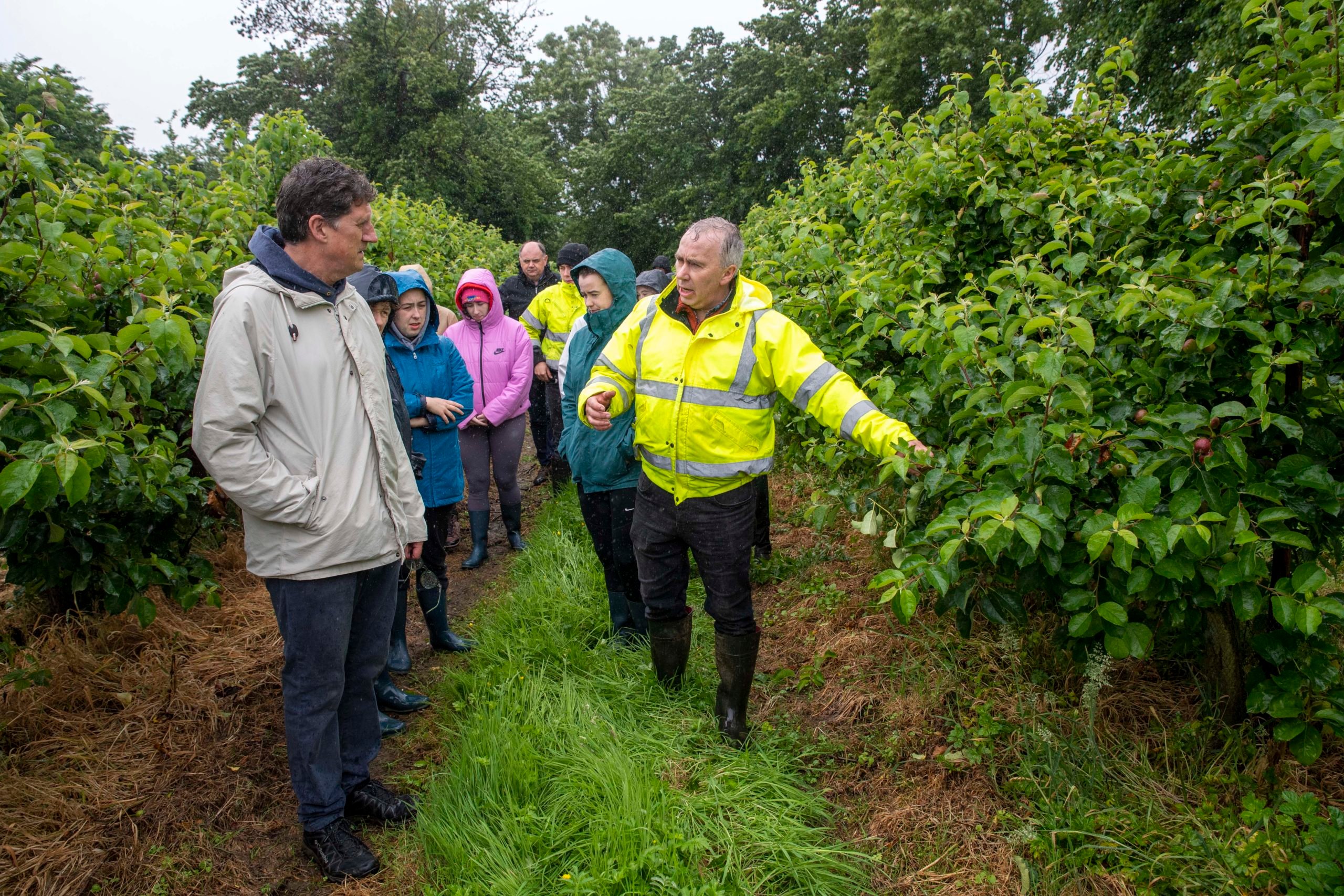 Michael O'Dowd shows Minister Eamon Ryan the apple trees in his orchard. Image: Domnick Walsh