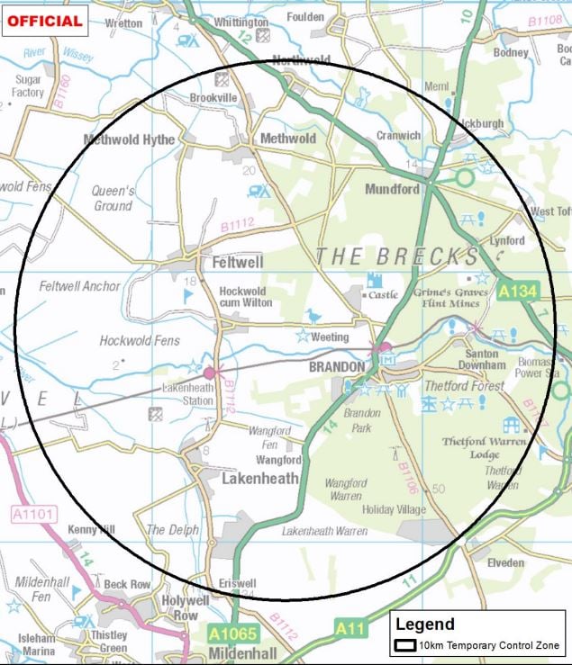 The temporary control zone straddling the counties of Norfolk and Suffolk