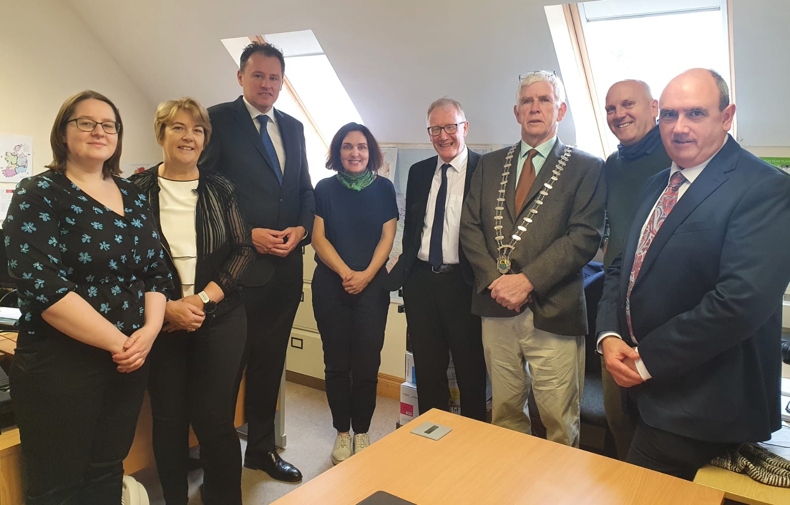 L-R: Caoimhe McKeon and Helen Doherty, Social Farming Ireland; Minister Charlie McConalogue; Aisling Moroney, Social Farming Ireland; Minister Frank Feighan; cllr. Paddy O’Rourke, chair Leitrim County Council; Andrew Chilton and Brian Smyth, Social Farming Ireland