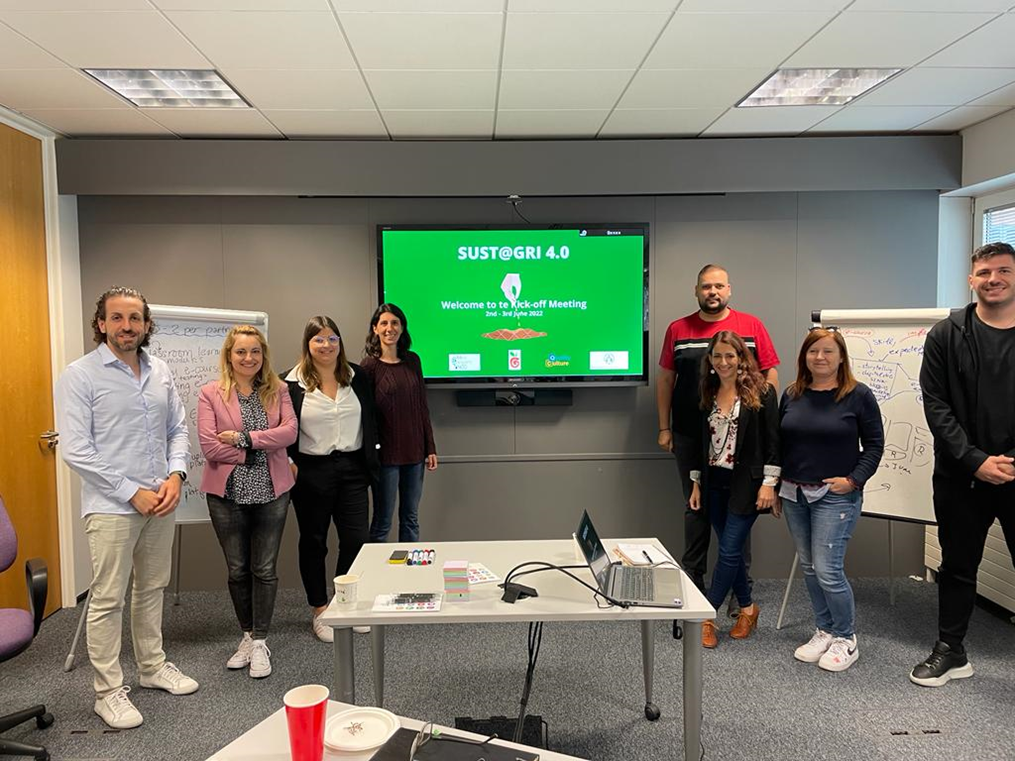 Partners l-r: Local project manager with University of Valencia, Dr. Jose Badia Valiente; head of Mine Vaganti NGO, Maria Grazia Pirina; communications manager with F6S, Ines Melo e Faro; local project manager with Quality Culture Company, Laura Salvago; part of iAgroCert&nbsp;NGO, John Vanidis; coordinator with F6S, Nika Levikov; part of Uni of Valencia, Dr Amparo Chafer Ortega; head of iAgroCert, Stylianos-Sotirios Vasileiou. Image source:  SUSTAGRI4.0