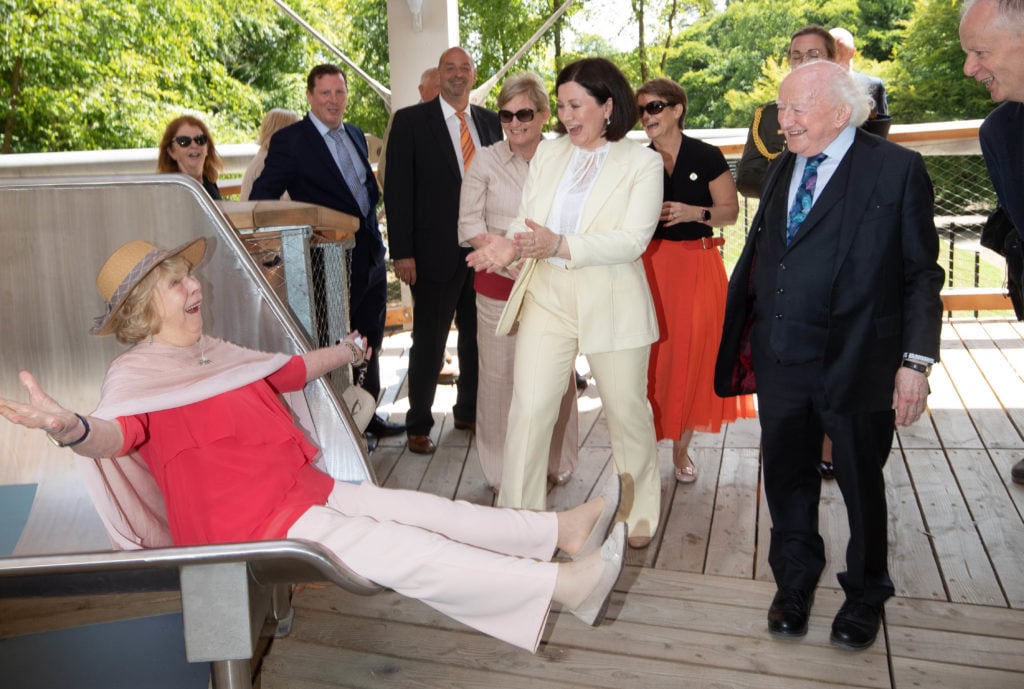 President Michael D. Higgins with his wife Sabina and Imelda Hurley, CEO, Coillte (centre) from left to right, Tom McArdle, EAK Ireland; Bernd Bayerkohler, CEO, EAK.; Bernie Gray, chair, Coillte; Orla Carroll, director of product development, Failte Ireland and Mark Carlin, managing director of Forestry at Coillte on right. Image source: Naoise Culhane