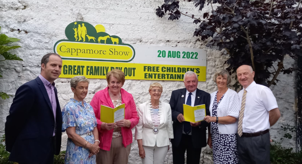 Launch night for the Cappamore Show 2022: secretary Cappamore Show, John Hassett; former chair of Cappamore Show (first female chair of a show in Ireland) Margaret Gleeson; current chair, Marie Hayes; president Irish Shows Association, Catherine Gallagher; Dermot McArdle and wife Cait, chair of southern region of Irish Shows Association; and treasurer Cappamore Show, PJ Blackwell