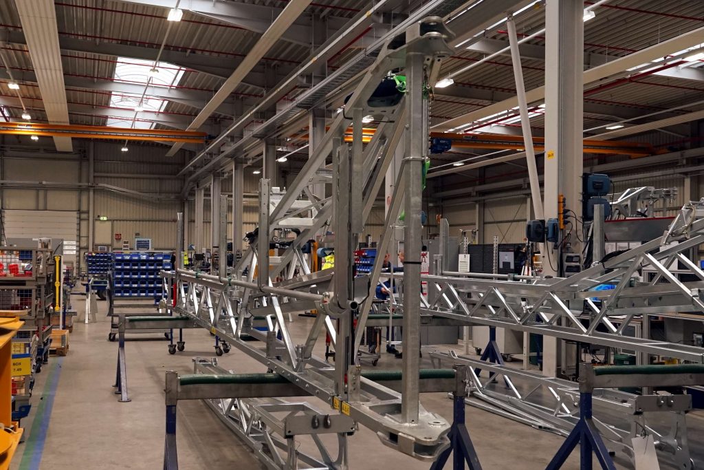 The boom frames arrive from Vogelsang's factory in eastern Germany before assembly and fitting out at Oldenburg