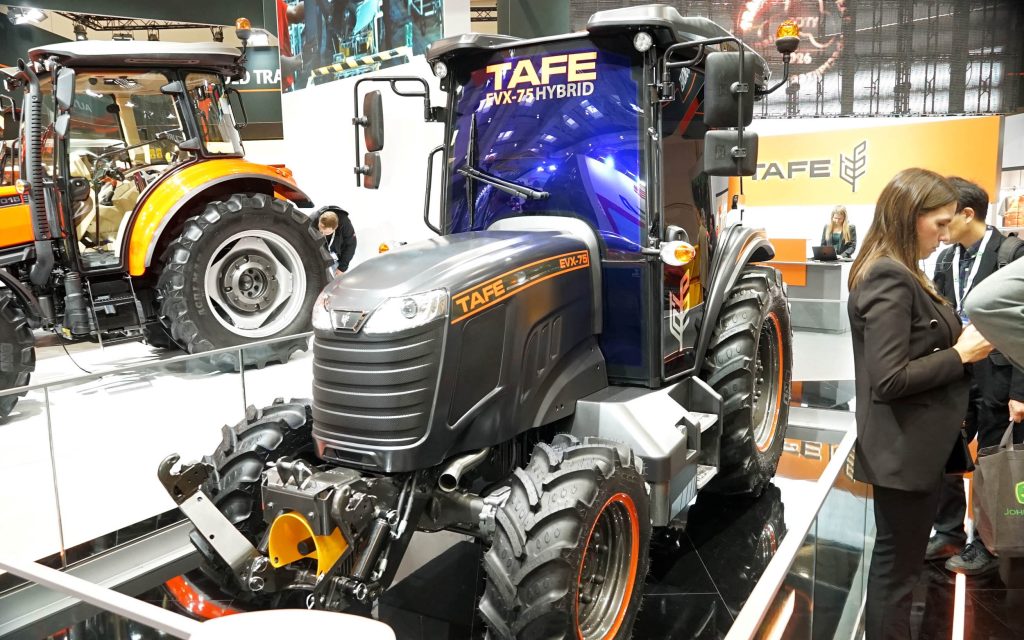 The TAFE Hybrid tractor has three motors, one each for the drive, hydraulics and PTO, which can all be run independently of engine speed