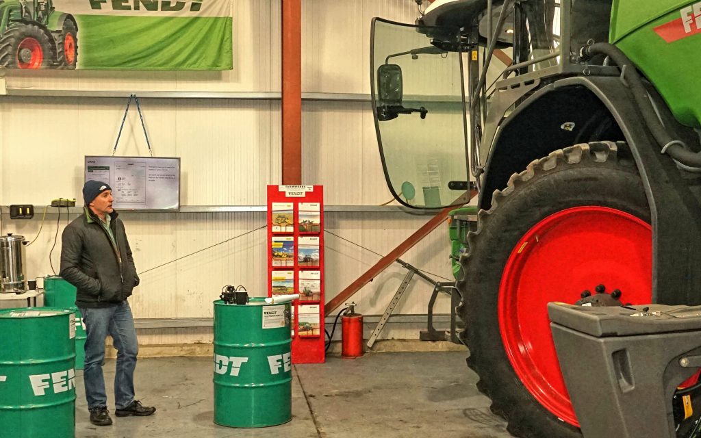 Anthony Risdon, product specialist for Fendt sprayers and combines, extols the virtues of the Rogator 600 models at Farmworks Machinery, Co. Dublin.
