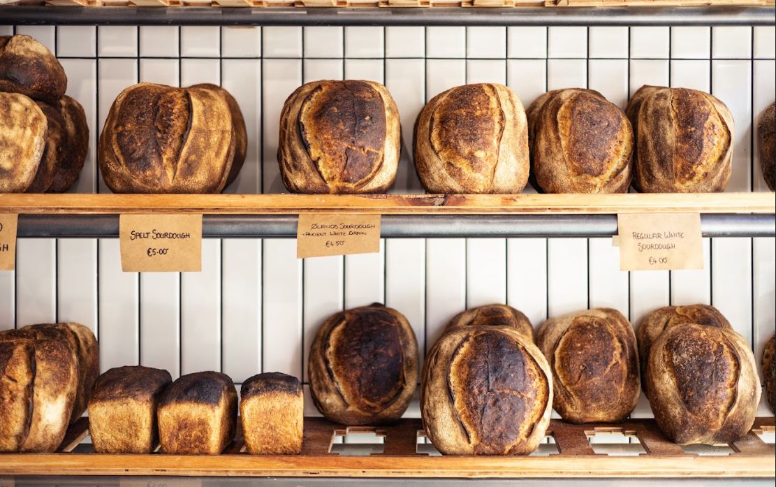 Shelves of sourdough breads at Dún Artisan Bakery