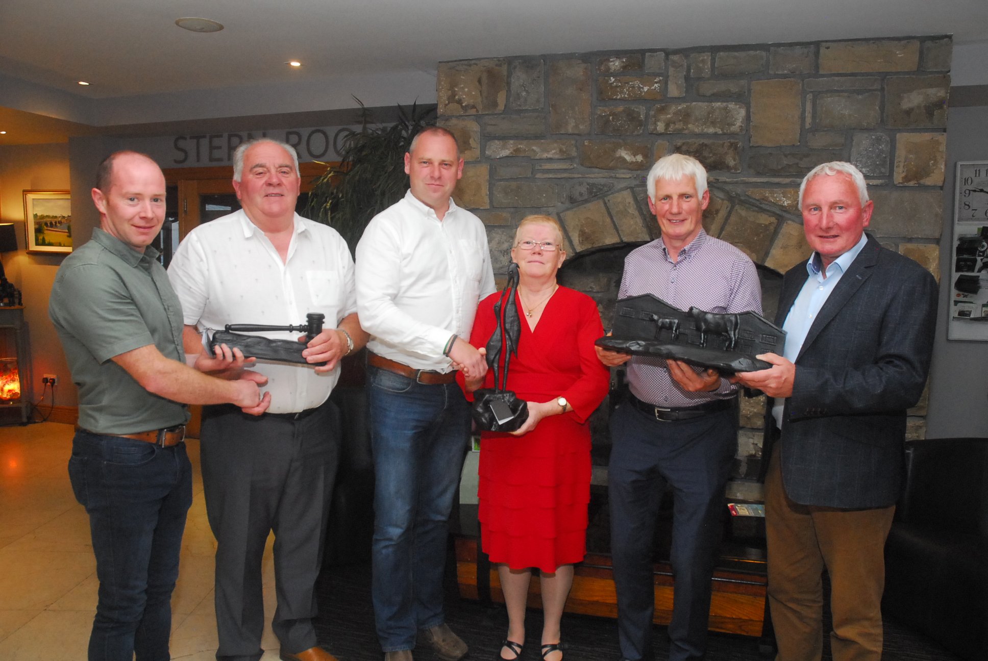 Kevin Caslin, mart manager; Pat Dockery, retiring chair; Ciaran Lynch, mart secretary and assistant mart manager; Carmelita Caslin, retiring after 33 years as secretary; Gerry Connellan, retiring after 26 years as manager; with Bernard Donohue, chair