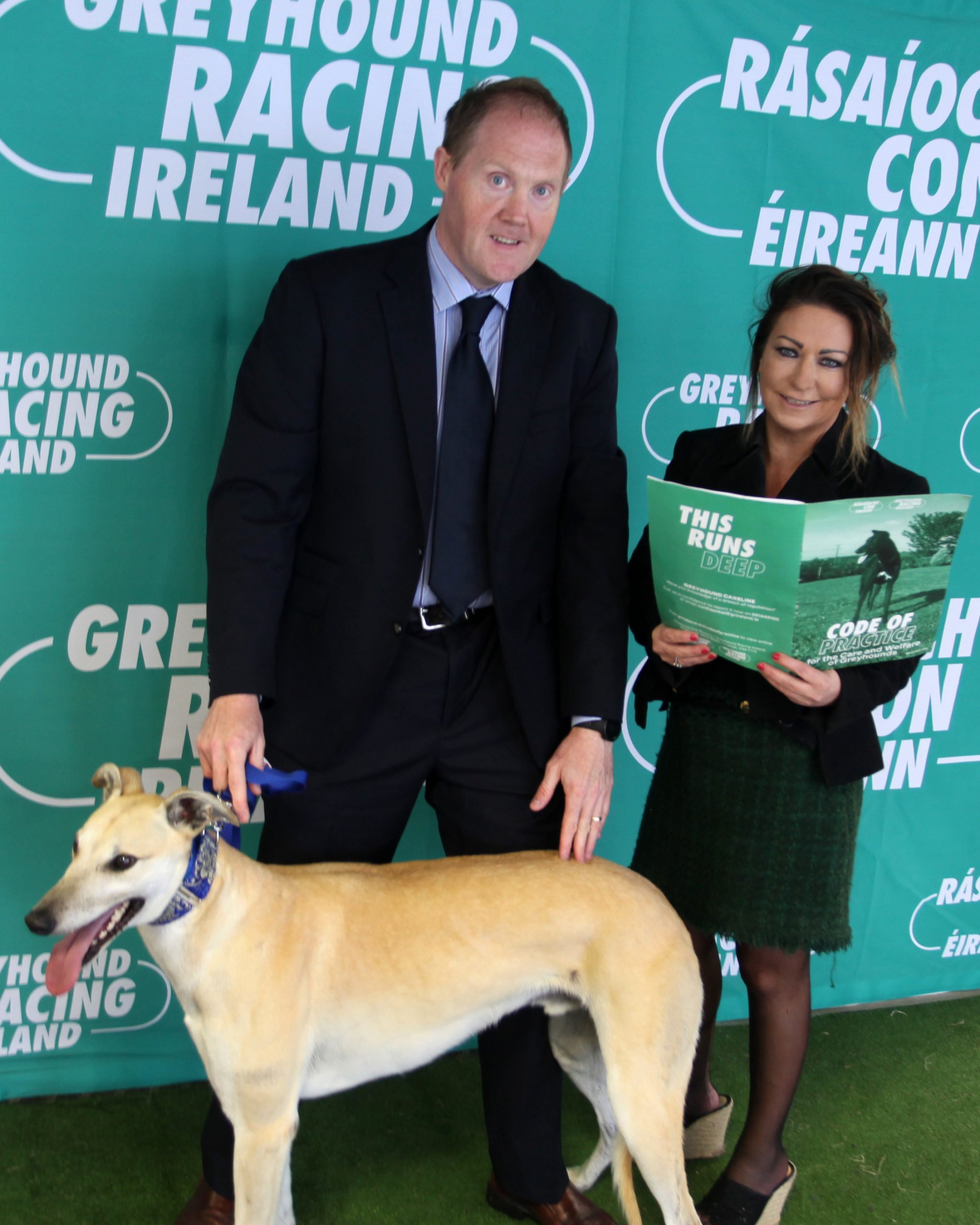GRI veterinary director, William Fitzgerald with CEO of Limerick Greyhound Stadium, Dearbhla O'Brien, pictured at the launch of GRI's new Code of Practice for the Care and Welfare of Greyhounds