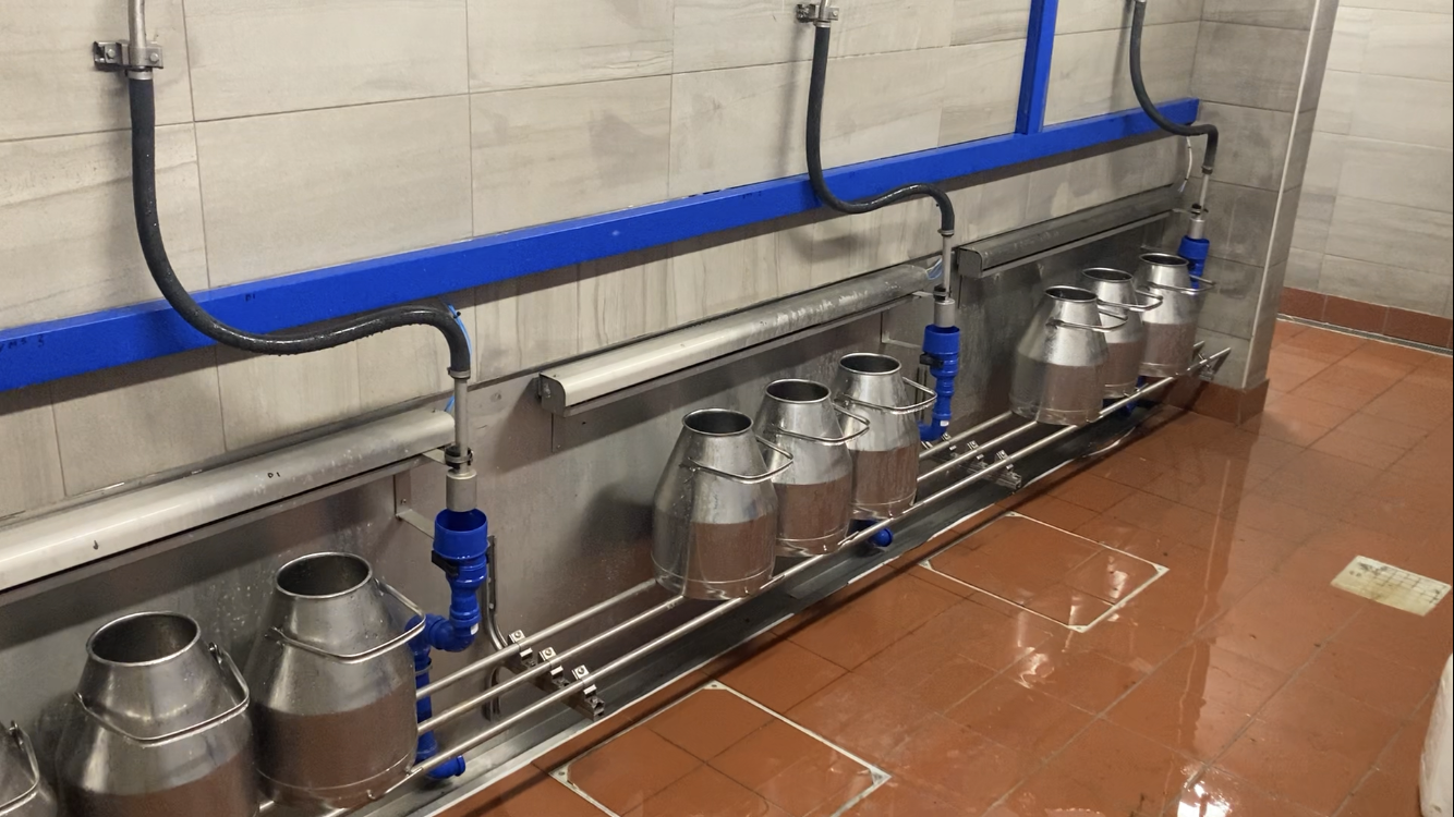 Milk can be diverted from the each of three robots into one of the buckets. There are three bucket for each of three robots