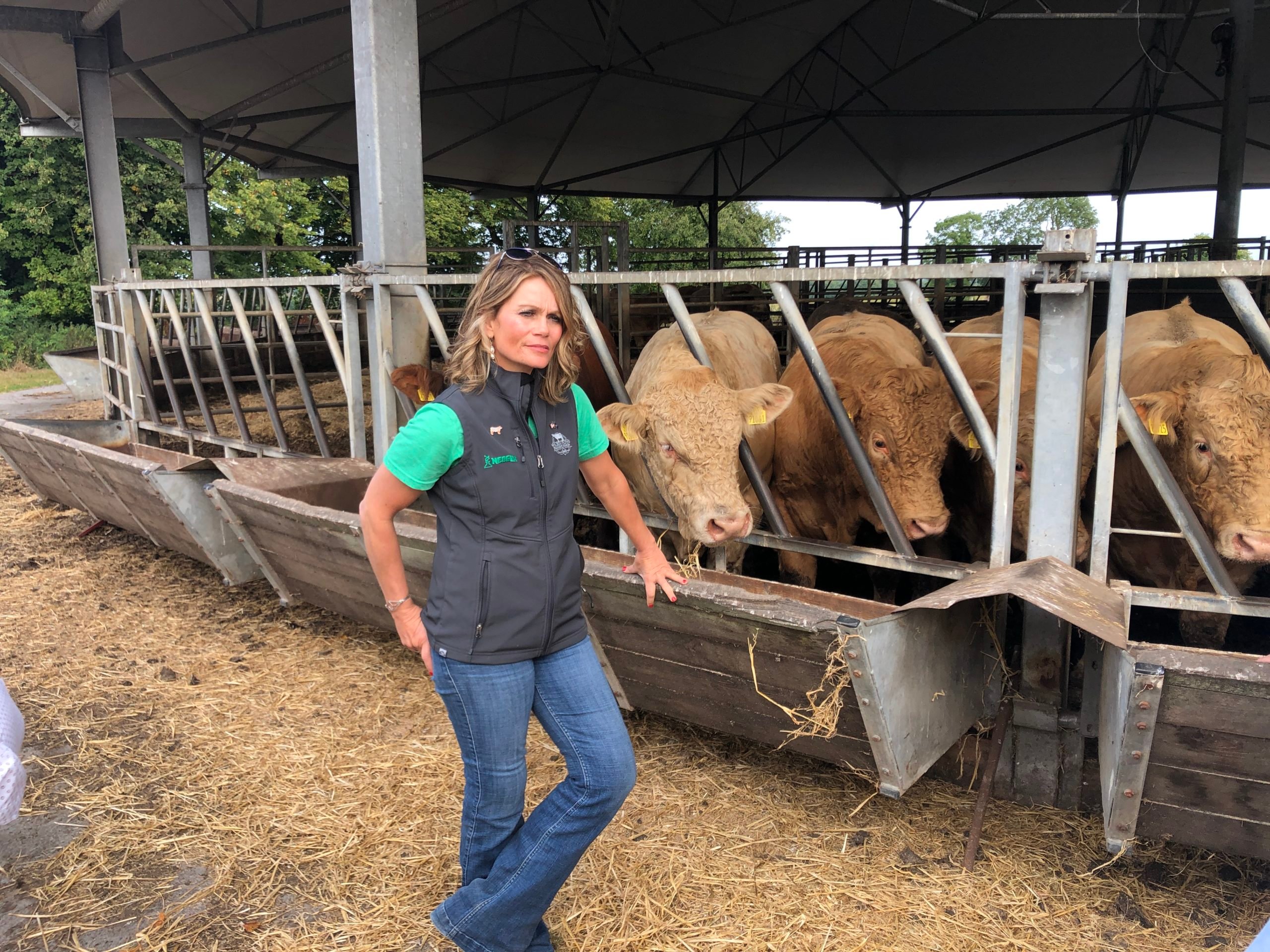 NCBA's chair of international trade, Jaclyn Wilson, on a visit to Jimmy Cosgraves' farm in Enfield