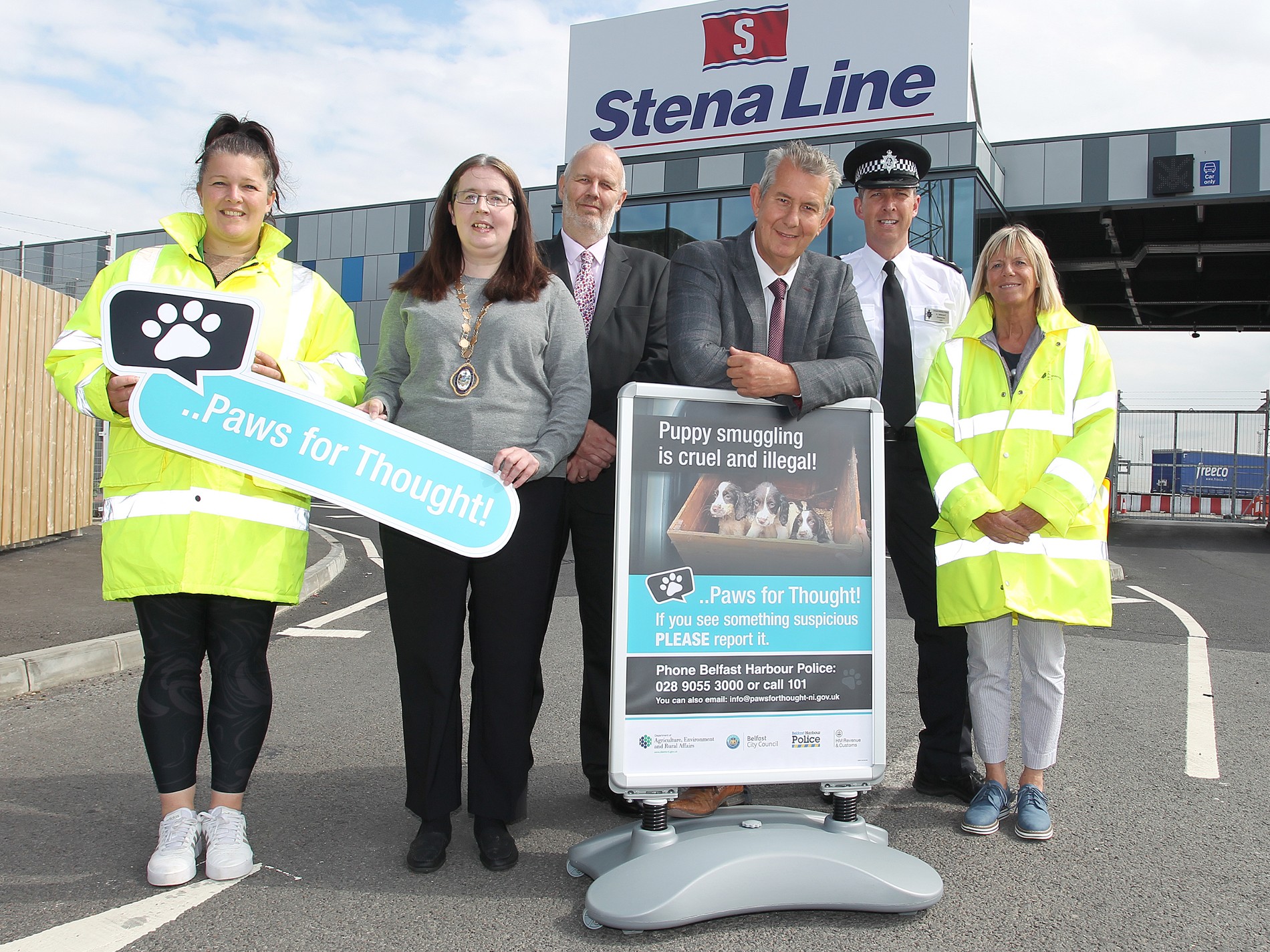 Minister Edwin Poots is pictured with Sandrine Gunst, divisional veterinary officer DAERA; Deputy Lord Mayor Michelle Kelly; Graeme Mutter, HMRC; Inspector Ashley Wright, Belfast Harbour Police; and Ann Healy, DAERA Veterinary Portal Team