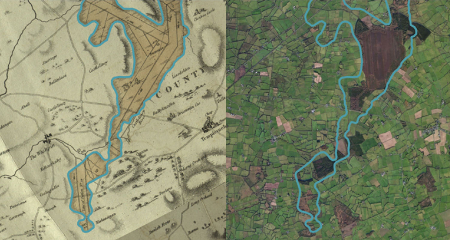 Then and now: Peatlands mapped by the Bog Commission (left) overlaid onto present-day satellite imagery. Image source: RePeat project