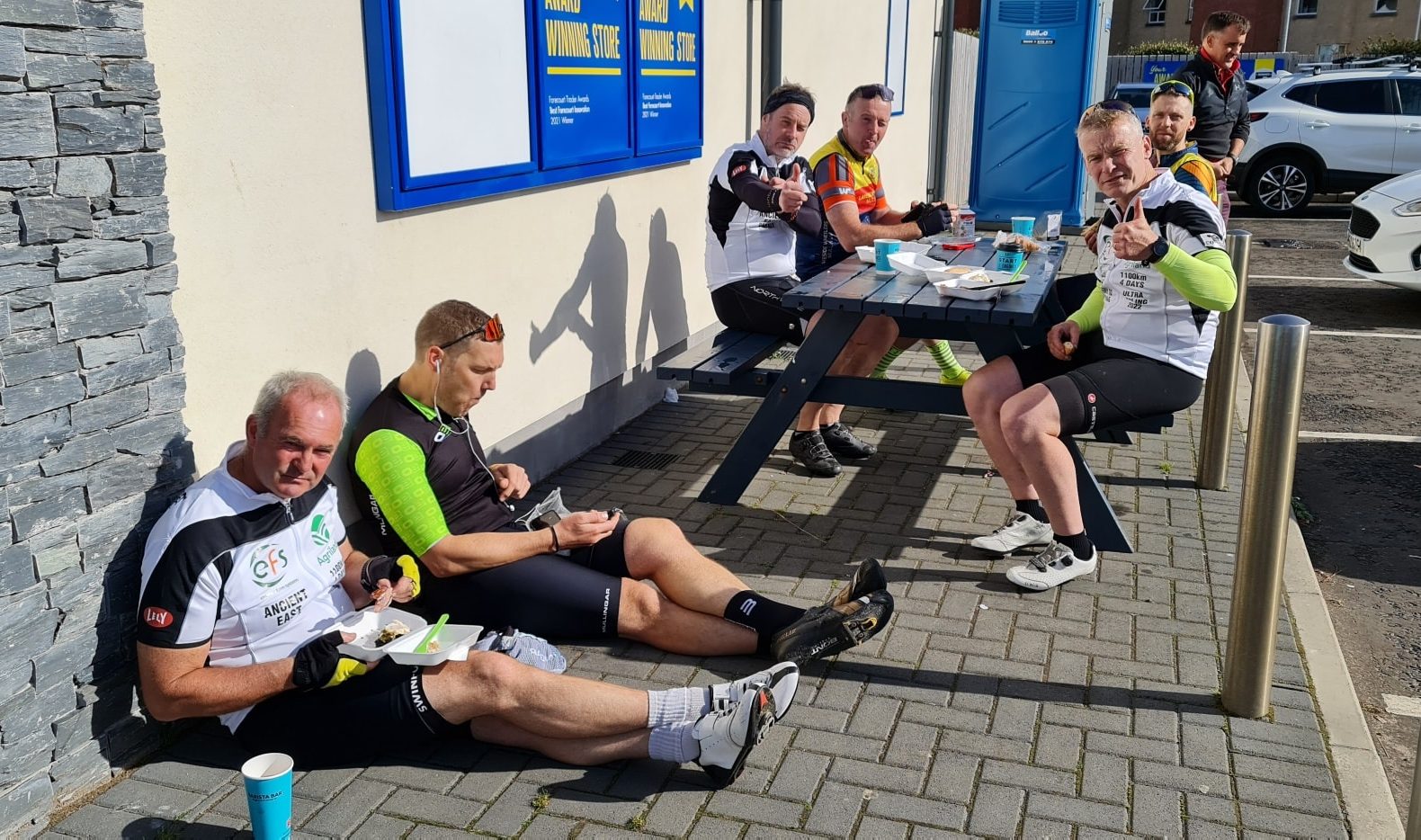 The group taking a first break in Portrush this morning. Image source: The Ultra Cyclists, Facebook