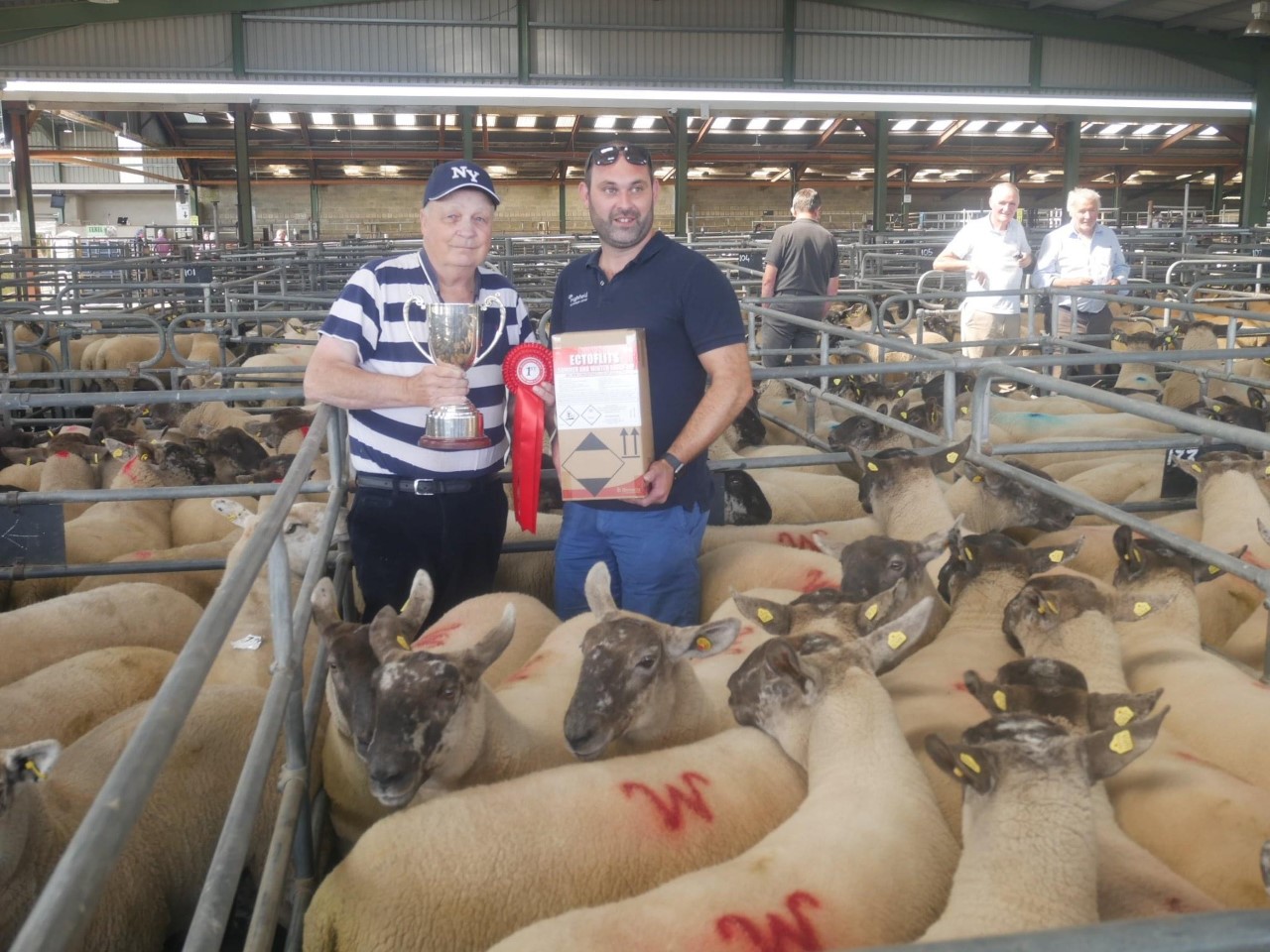 James Wilson presented with first prize for his hogget ewes that sold for €250/head. Source: Blessington Mart
