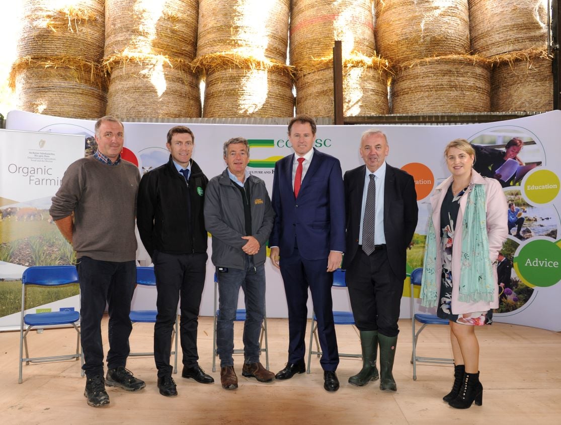 L-R: Jack Nolan, DAFM; Joe Burke, Bord Bia; John Purcell, host farmer; Minister for Agriculture, Food and the Marine, Charlie McConalogue; Pat Dillon, director of research in Teagasc; and Kathryn Roche Irish County Meats.