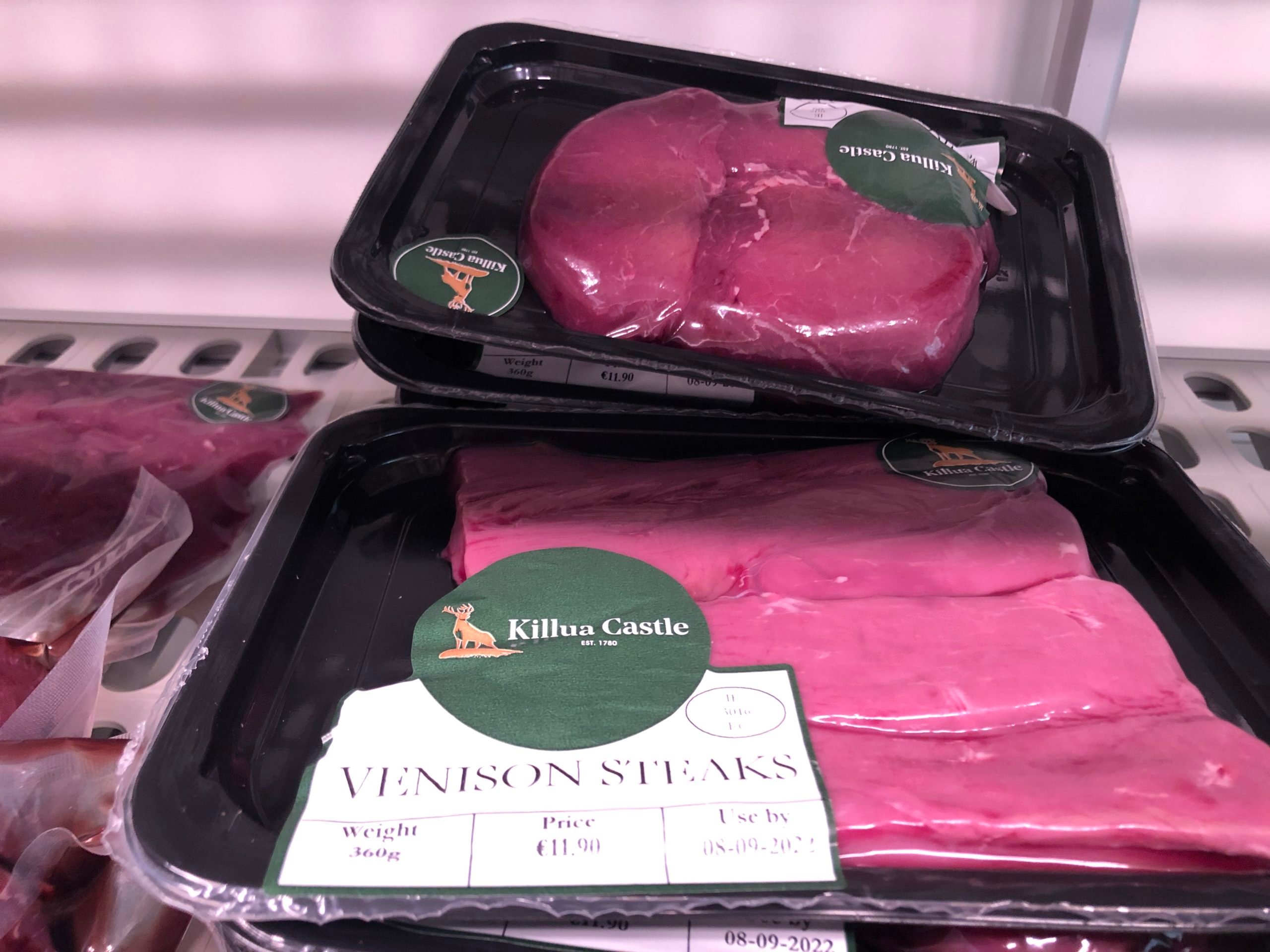Venison steaks. Note the leaner appearance of this meat when compared to the Irish Moiled meat