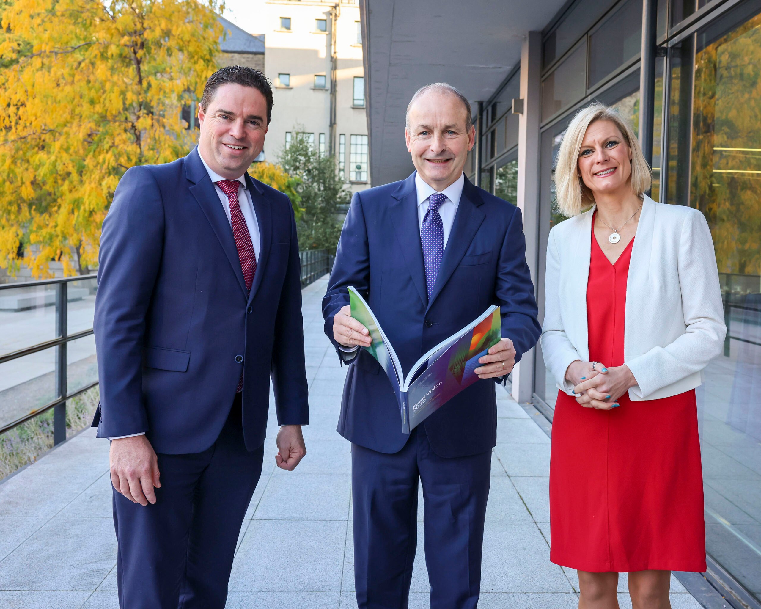 Minister of State Martin Heydon, Taoiseach Micheal Martin and Minister of State Pippa Hackett at the Food Vision 2030 conference at Dublin Castle