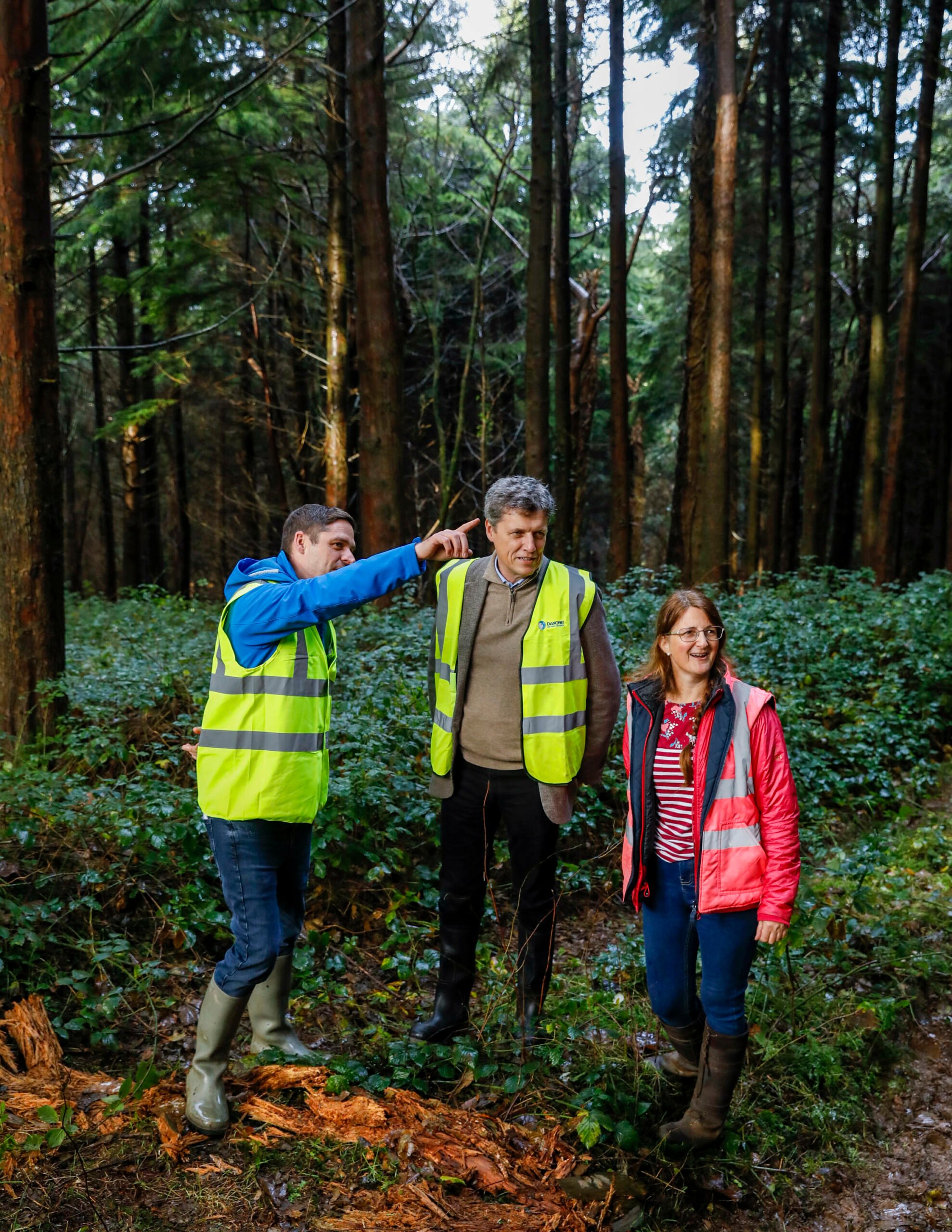 Pictured at the forest of Brian Hennessy, a wood chip supplier to Danone, were Paul Kennedy, Danone’s net zero director, Danone CEO, Antoine de Saint-Affrique and Alex Kelly, Irish Wood Producers.
