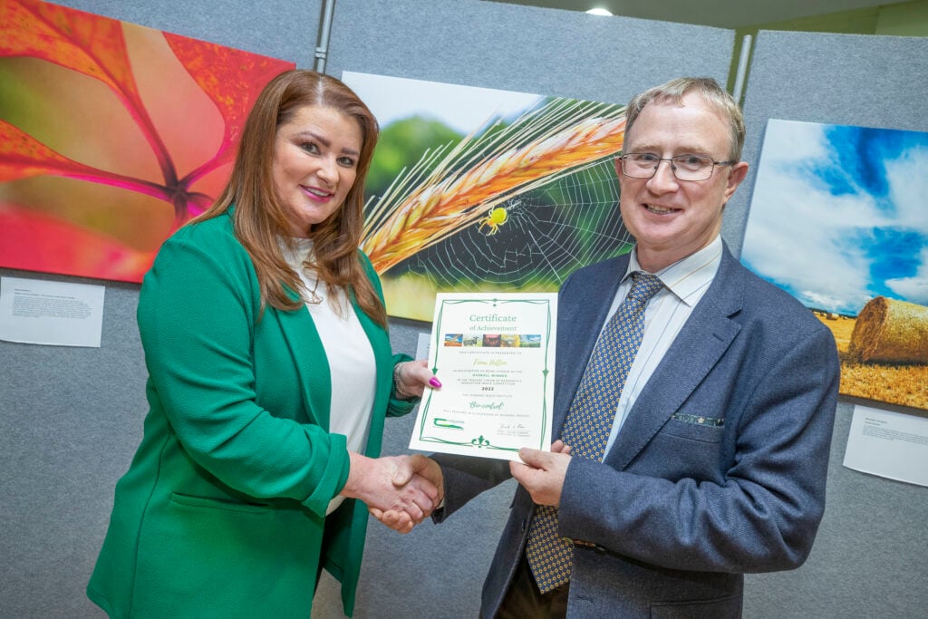 Fiona Hutton, overall winner of Teagasc’s Research and Innovation photography competition 2022 pictured with Prof. Frank O’Mara, Teagasc Director. Image: Finbarr O'Rourke