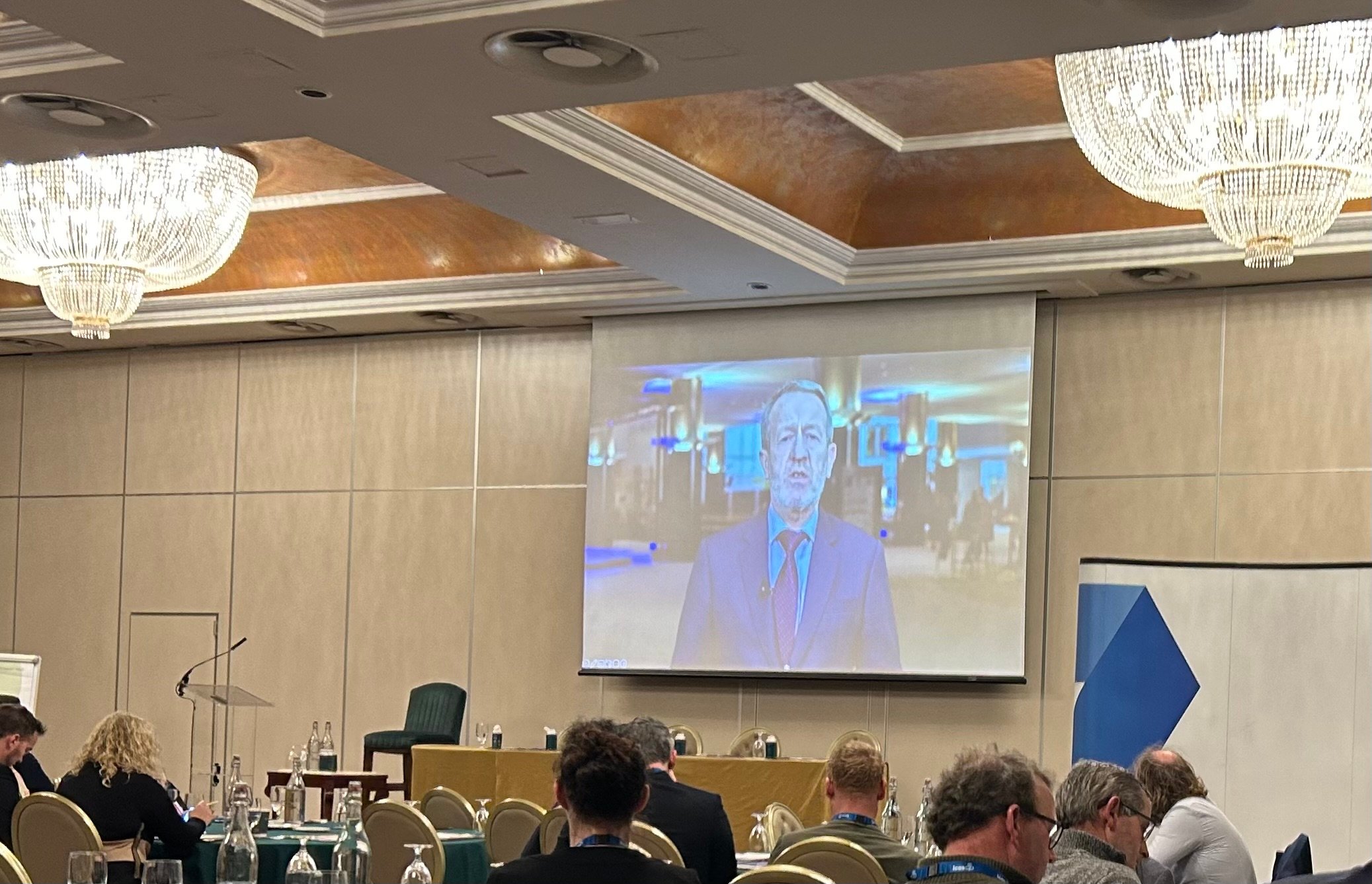 MEP Sean Kelly participating in the ICOS workshop via video link