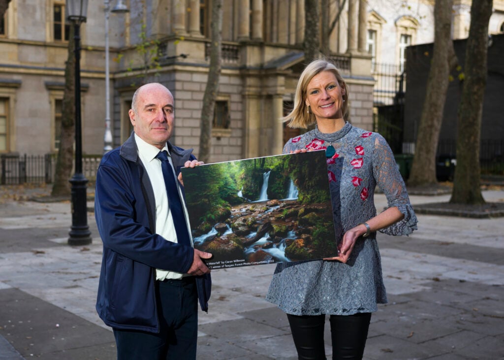 lPictured with the winning image is Minister of State for land use and biodiversity, Pippa Hackett with Teagasc forestry liaison officer, Paul Butler&nbsp;