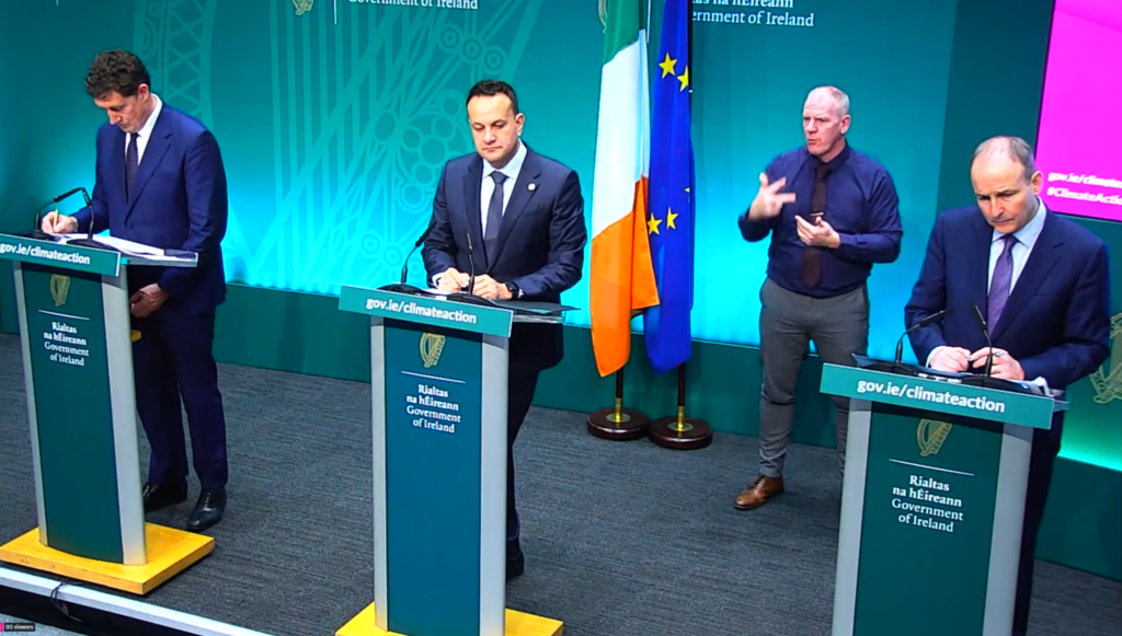 Environment minister Eamon Ryan, Taoiseach Leo Varadkar and Tánaiste, Micheál Martin at the launch of the Climate Action Plan 2023