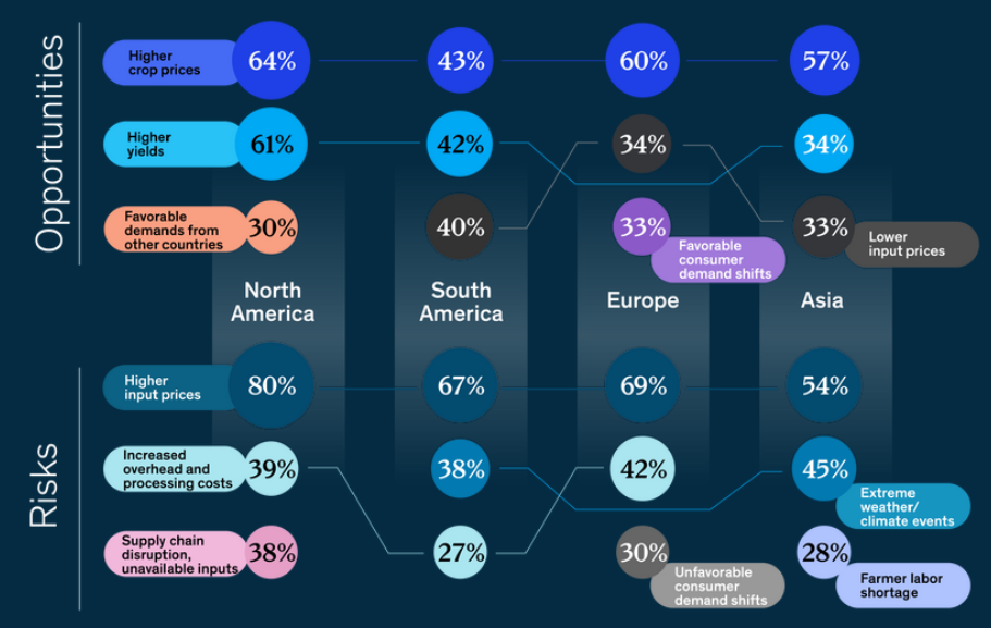 Top three risks and opportunities to profits over the next two years. Source: McKinsey's Global Farmer Insights, May/2022