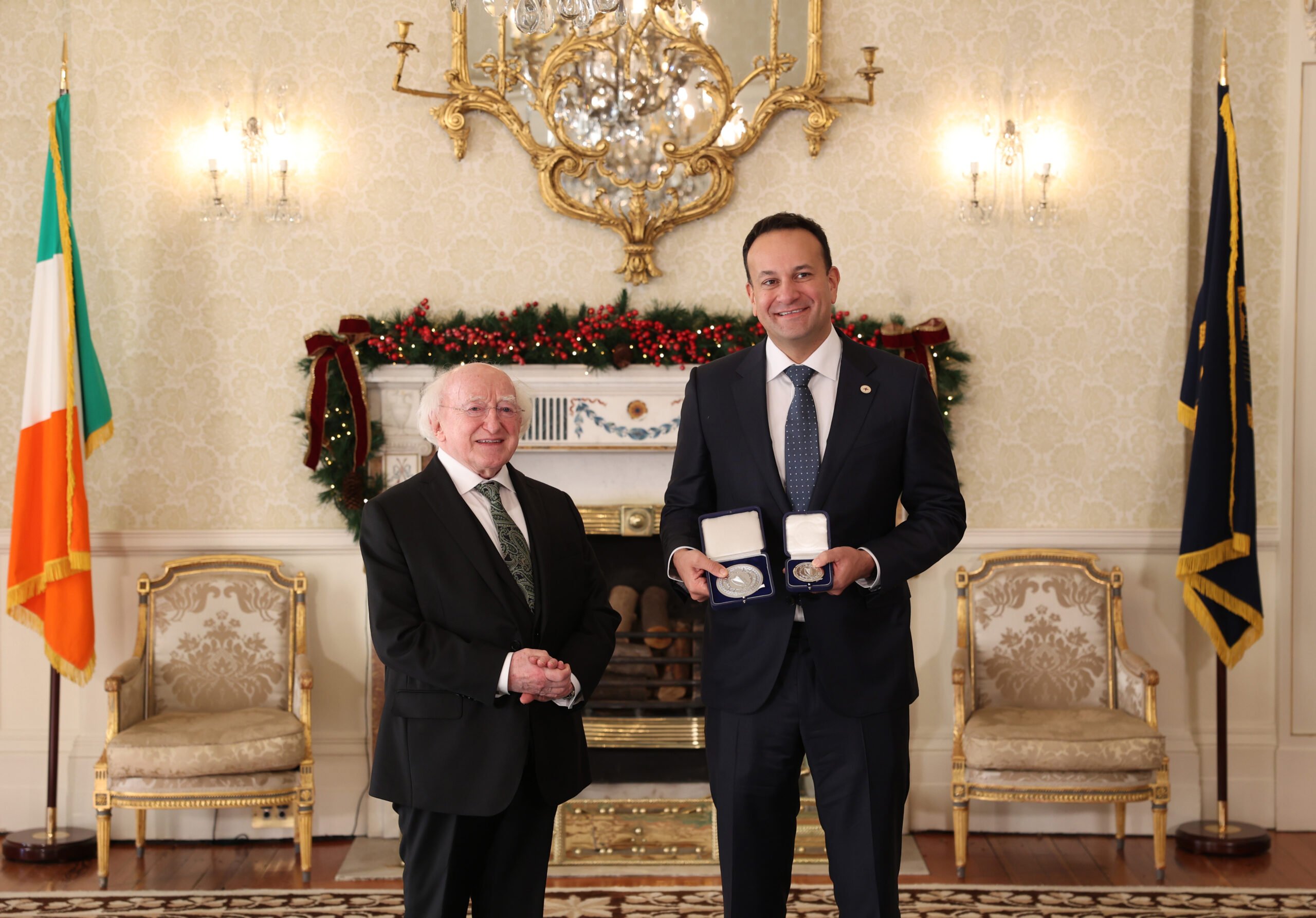 Taoiseach Leo Varadkar pictured receiving the seals of office of Taoiseach and Government from Michael D. Higgins in Aras an Uachtarain today. Image: Government Information Service