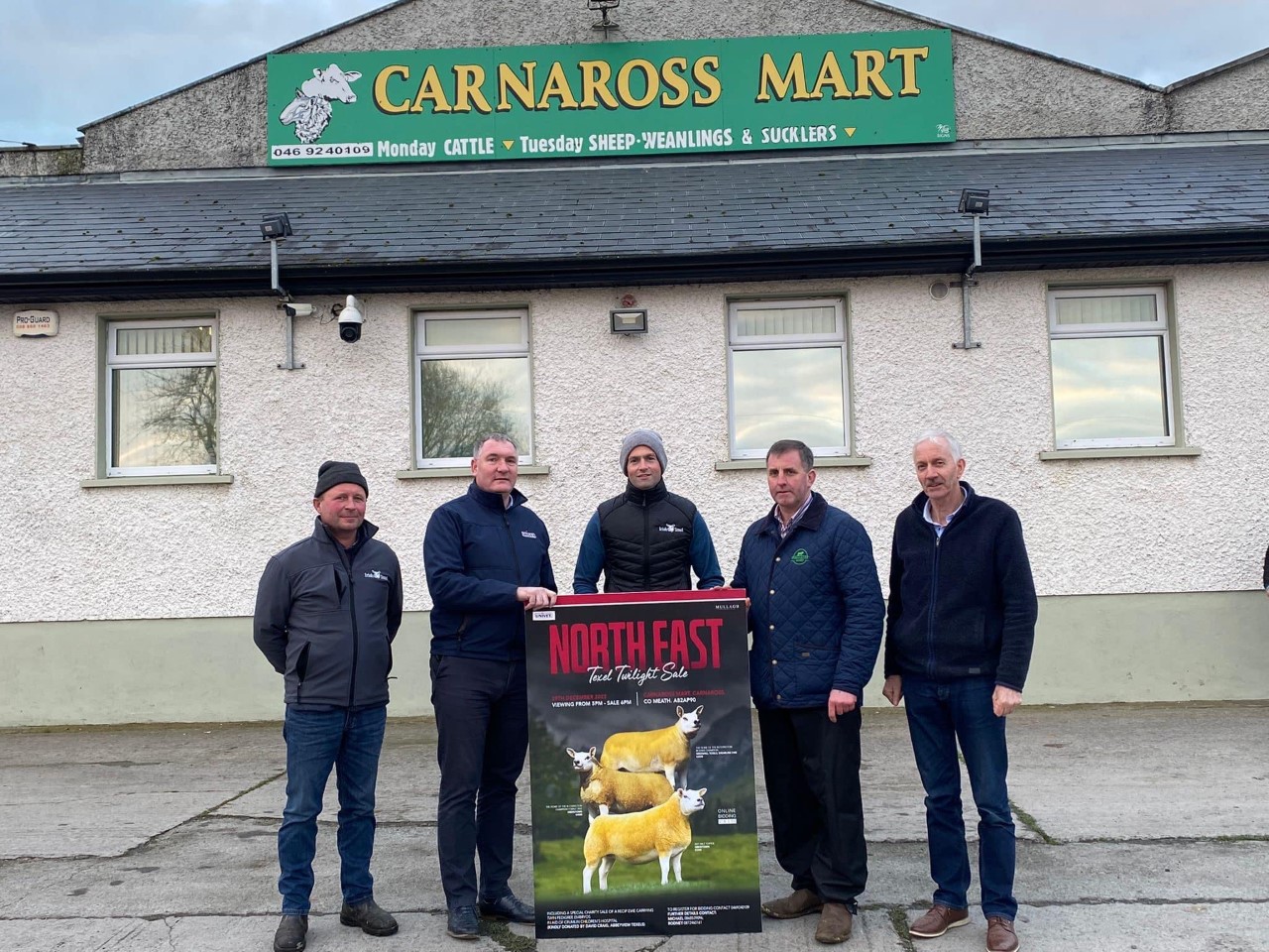 Launch of the Twiight in-lamb sale. L-R: Peter McPhillips (Aughacashel Texels), Mark O’Rourke (Univet), Aidan Murphy (Diamond Texels), Rodney Windrum (Carnaross Mart) and Michael Donohoe (Crosserlough Texels)