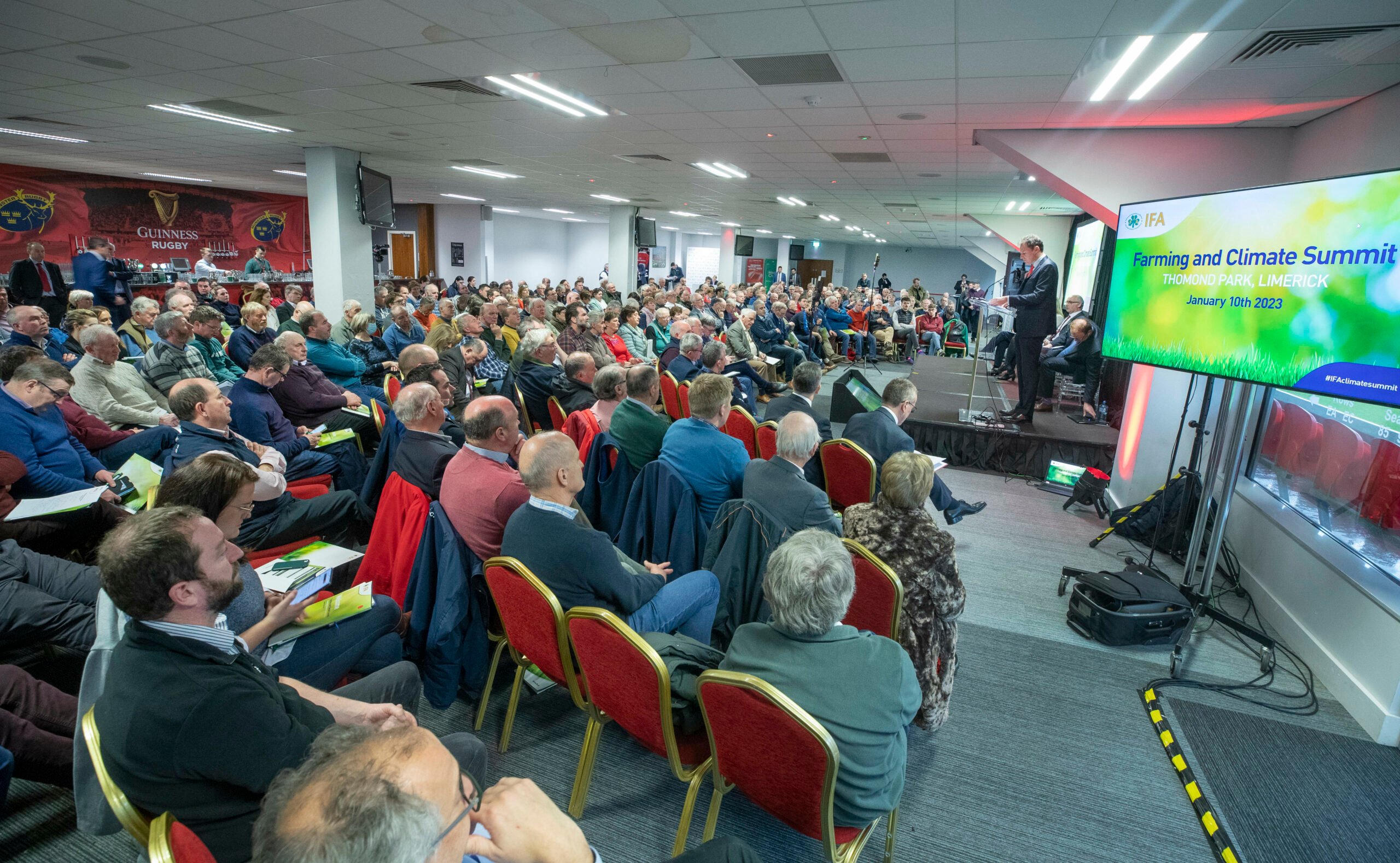 Minister for Agriculture, Food and the Marine Charlie McConalogue pictured speaking at the IFA’s Farming and Climate Summit in Thomond Park Limerick. Image: Finbarr O’Rourke