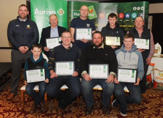 Homeland and Nutrias Donegal Silage Competition 2022 winners.
Front row (l-r): Kyle McCandless; Peter McCandless; Allister Doherty; Mark Irwin. Back row (l-r): Jonathan Smyth Aurivo; Bertie Houston on behalf of his brother David; Mark Wallace; Zack Hamilton; Thomas Long