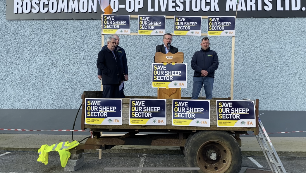 IFA president Tim Cullinan addressing the crowd gathered outside Roscommon Mart after the protest through the town
