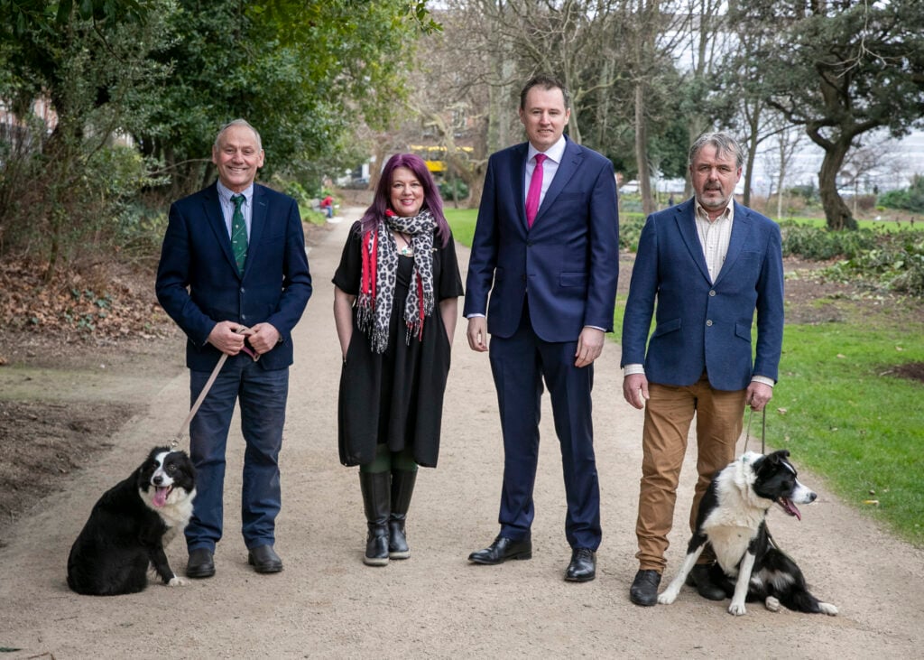 Pat Murphy, president Irish Sheepdog Society and Moe; Evelyn Murray, rural development officer, LEADER Development Programme; Minister Charlie McConalogue; Eamonn Connell, chairman of the organising committee and Spot