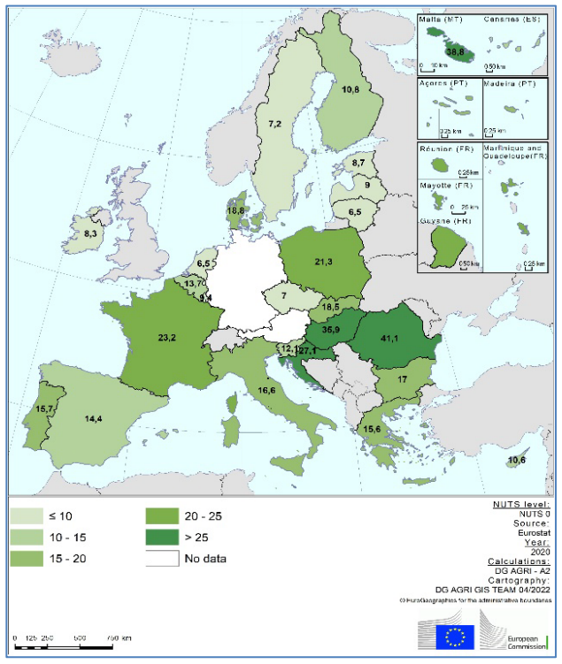 Area under conversion to organic, 2020 share of total area under organic farming (%) by country. Image: European Commission