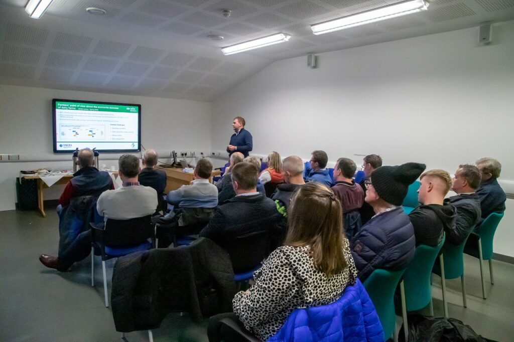 NI Dairy 4 Future pilot farmers discussing business resilience at one of the on-farm meetings throughout the project