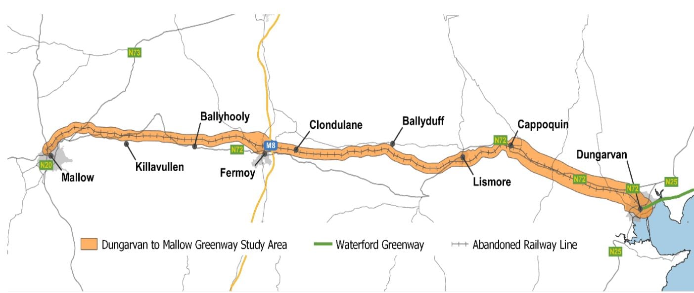 The emerging preferred route for the greenway which follows the defunct railway line. Image: Corkrdo.ie