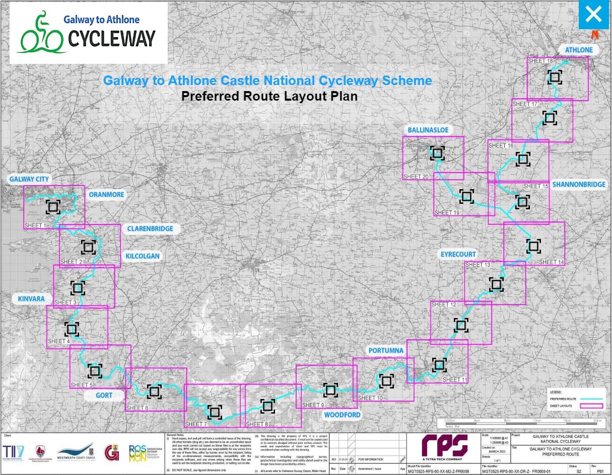 Satellite image of the preferred route for the Galway to Athlone Cycleway. Image: Galway to Athlone Cyucleway website
