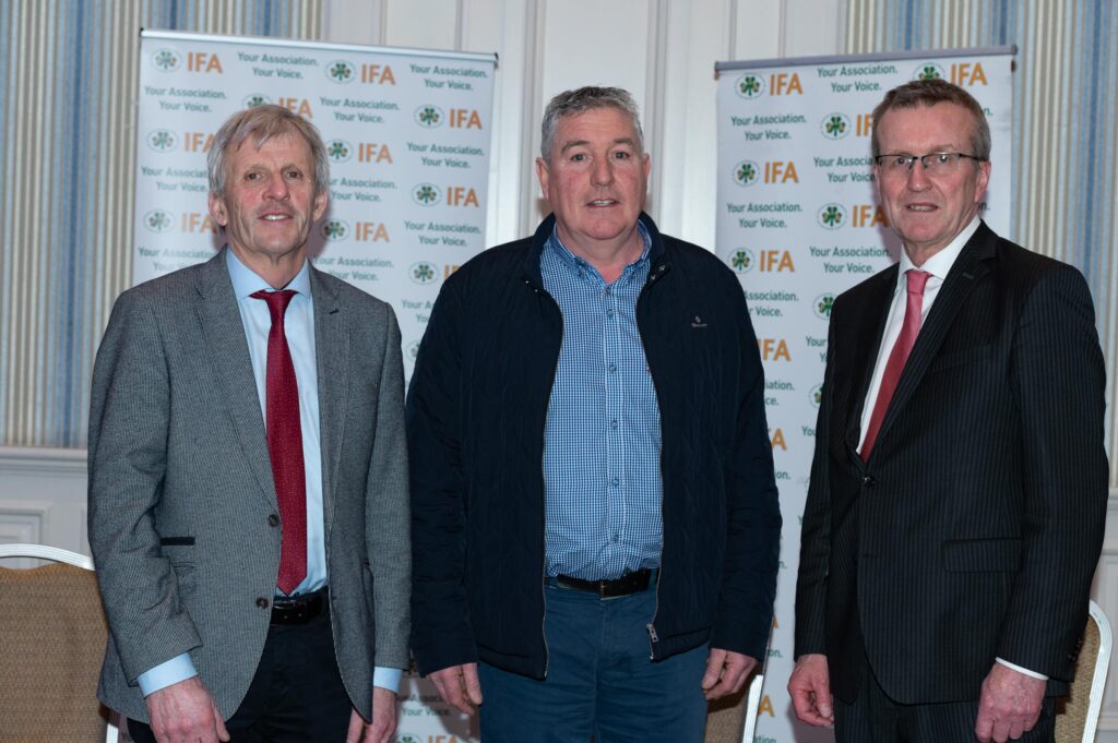 Brendan McLaughlin, outgoing chair, Donegal IFA; newly elected chair, Joe Sweeney with IFA president Tim Cullinan. Image: IFA