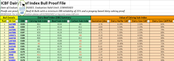 Fig 2: DBI beef AI bulls with a minimum DBI reliability of 25% and a progeny-based dairy calving proof