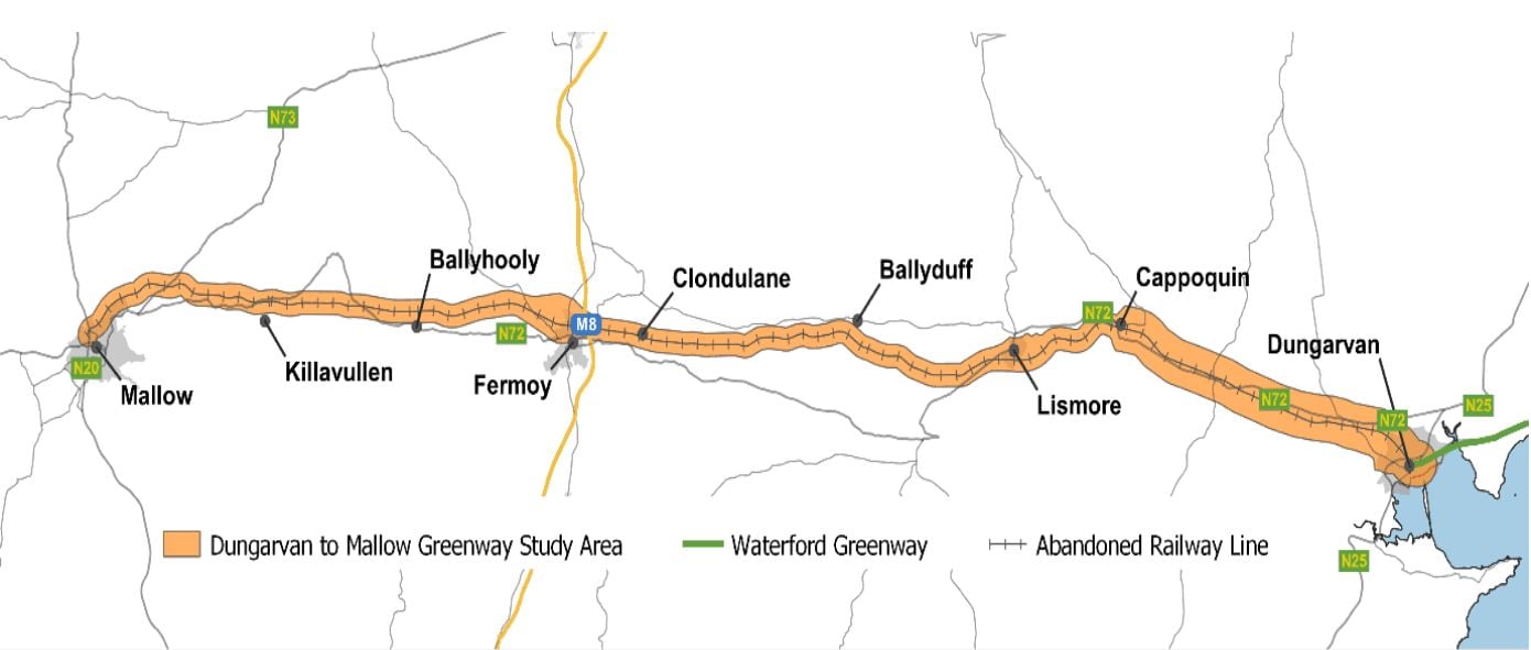The emerging preferred route which follows the defunct Mallow/Dungarvan railway line. Image: Cork National Roads Office website