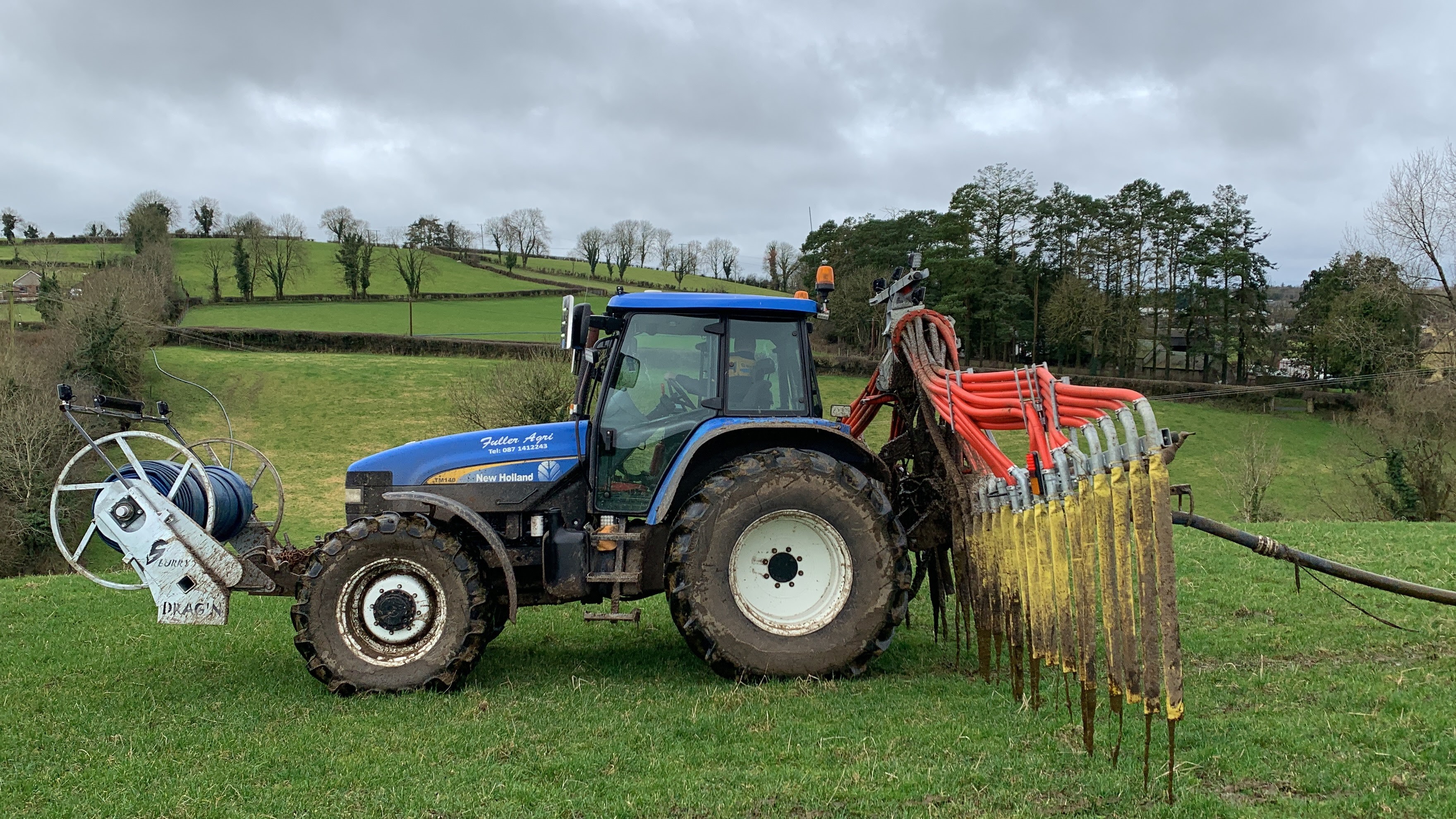 The TM-140 in action spreading slurry on the hills in Cavan