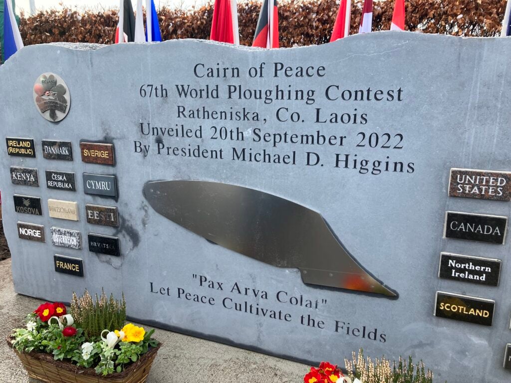 The Cairn of Peace monument in Ratheniska, Co. Laois which bears the names of all previous host countries. Image: Agriland