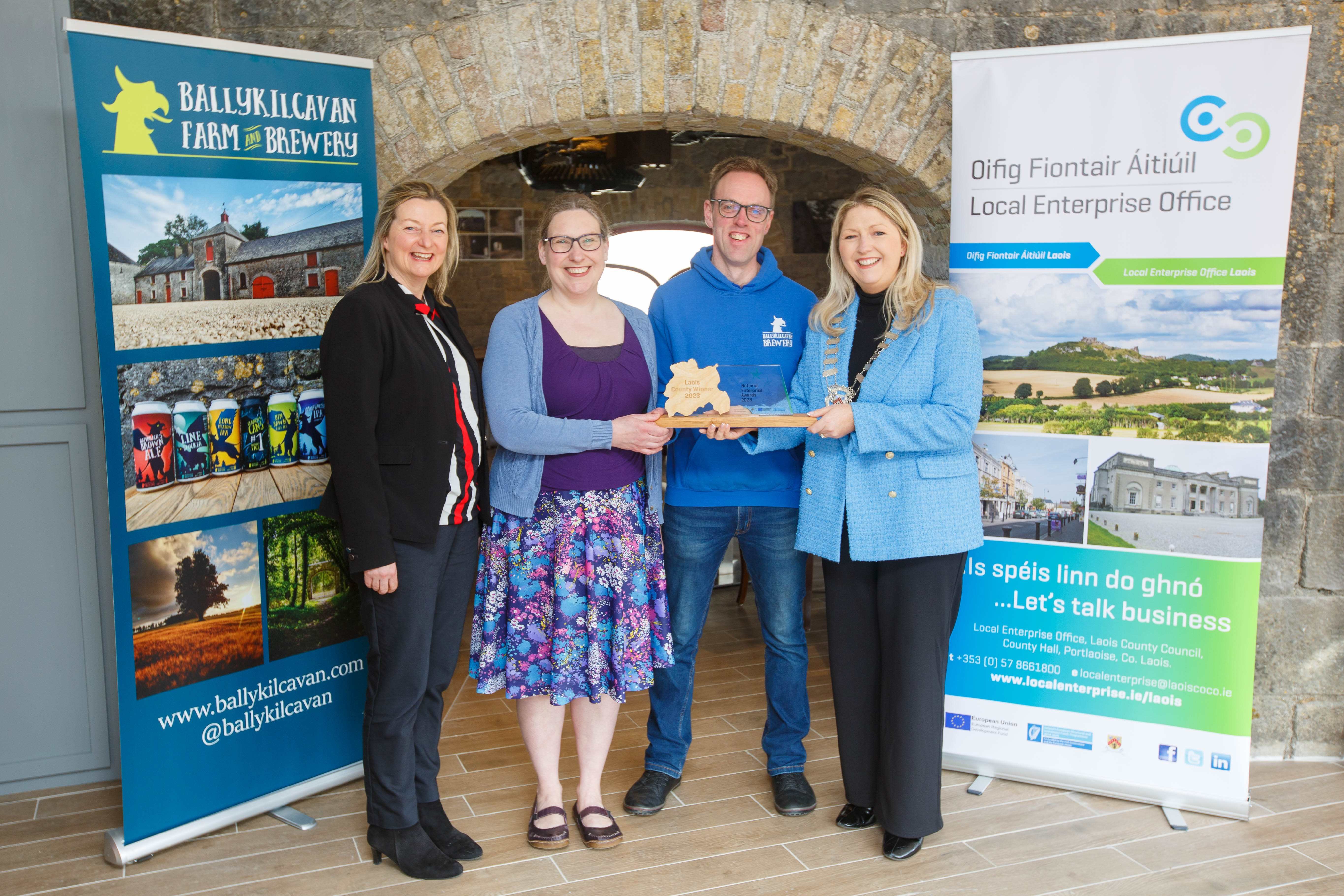 David and Lisa Walsh-Kemmis receiving their Laois County Enterprise Award from Thomasina Connell, Cathaoirleach of Laois County Council and Honor Deevy, Laois LEO. Image: Jeff Harvey